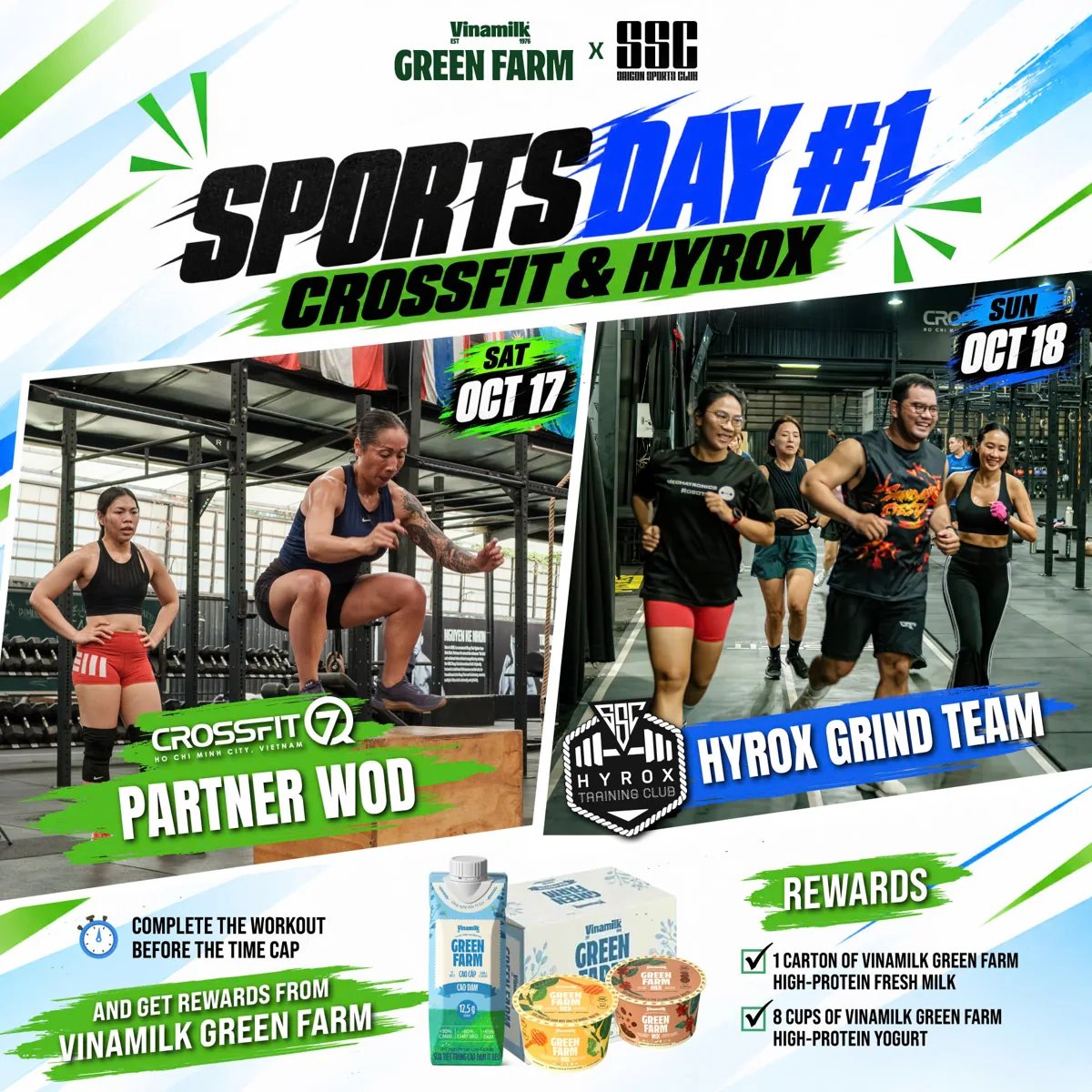 Sports Day #1 poster announcing October 17 CrossFit Partner WOD and October 18 HYROX Grind Team.
