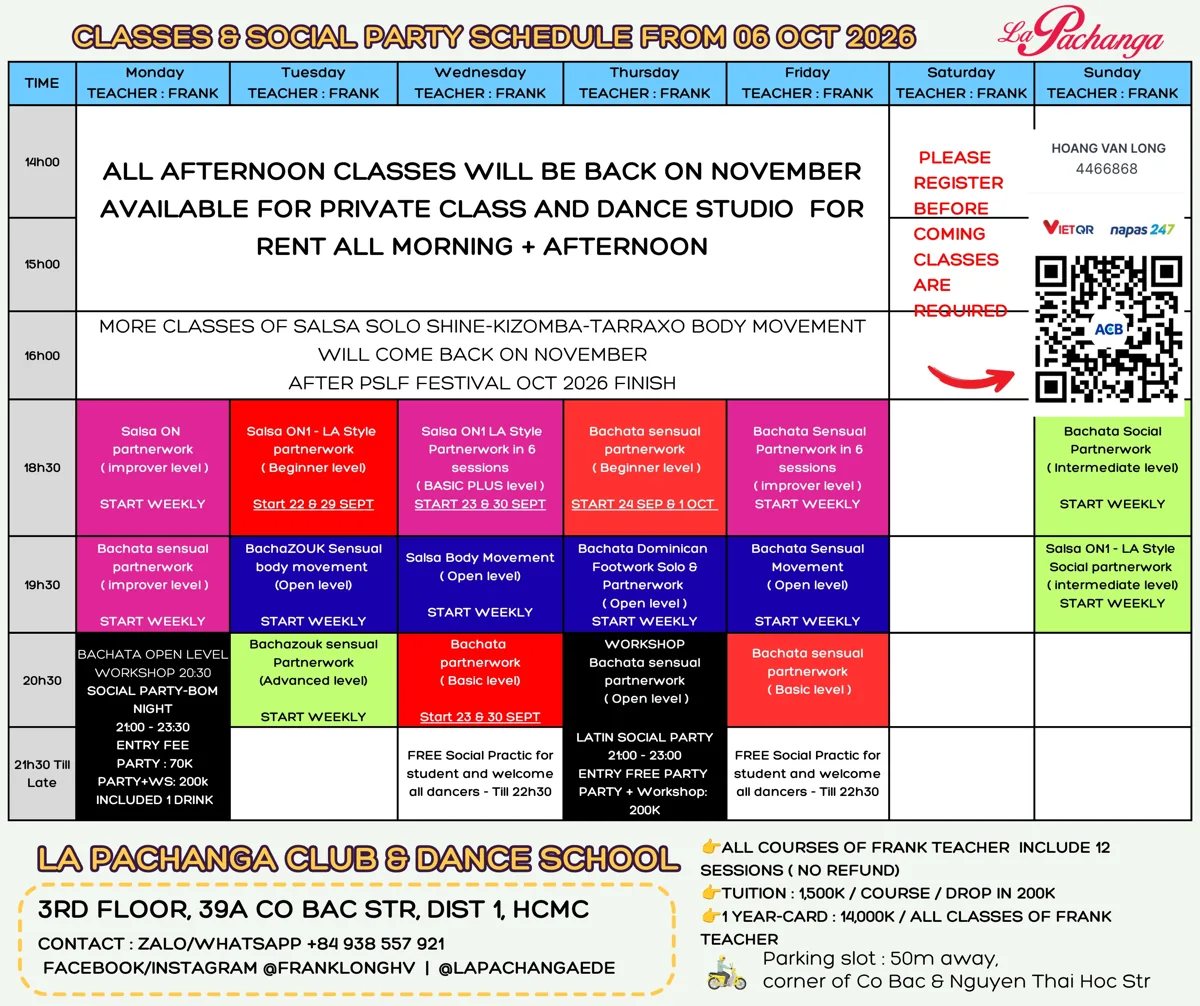 La Pachanga weekly October 2026 class and social party schedule showing Monday and Thursday evening parties, times and entry prices.