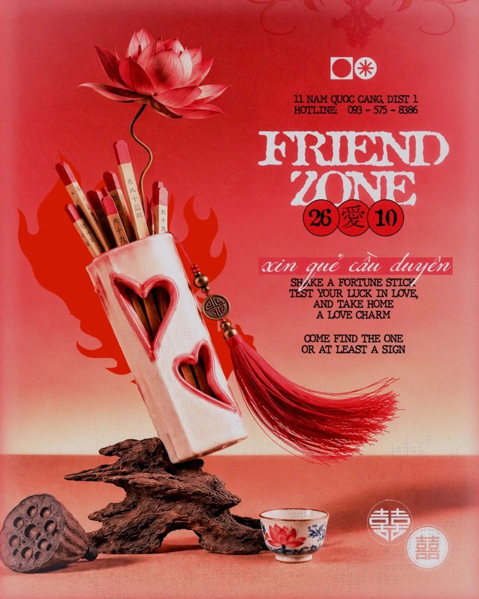 FRIENDZONE 26/10 event poster for LOCO Heatroom showing fortune sticks in decorative holder with lotus flower, text: Xin Que Cau Duyen, Shake a Fortune Stick, Test Your Luck in Love, Take Home a Love Charm, 11 Nam Quoc Cang Dist 1