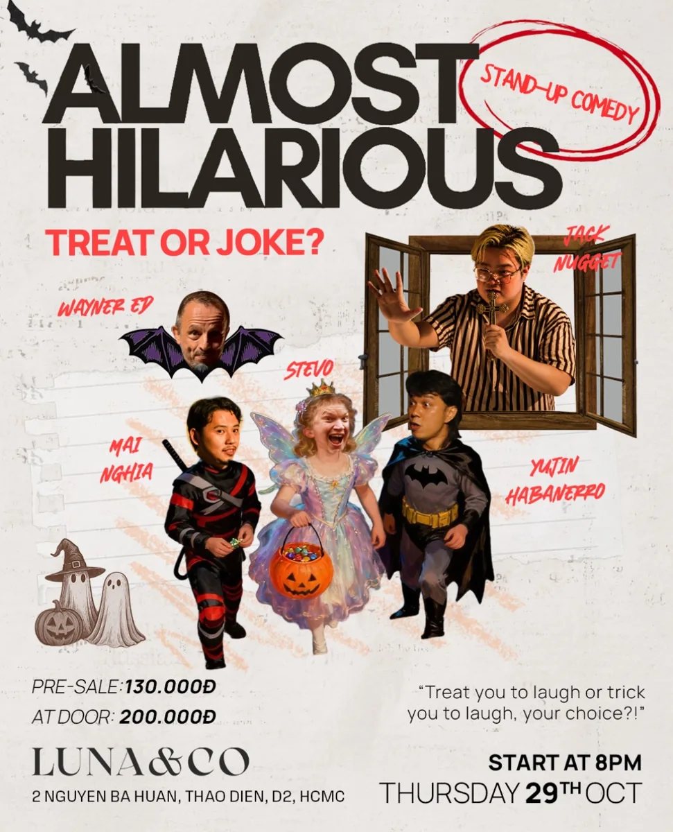 Almost Hilarious: Treat or Joke? Halloween stand-up poster with five comics in costume, Thursday 29 Oct 8PM at Luna & Co, pre-sale 130,000 VND