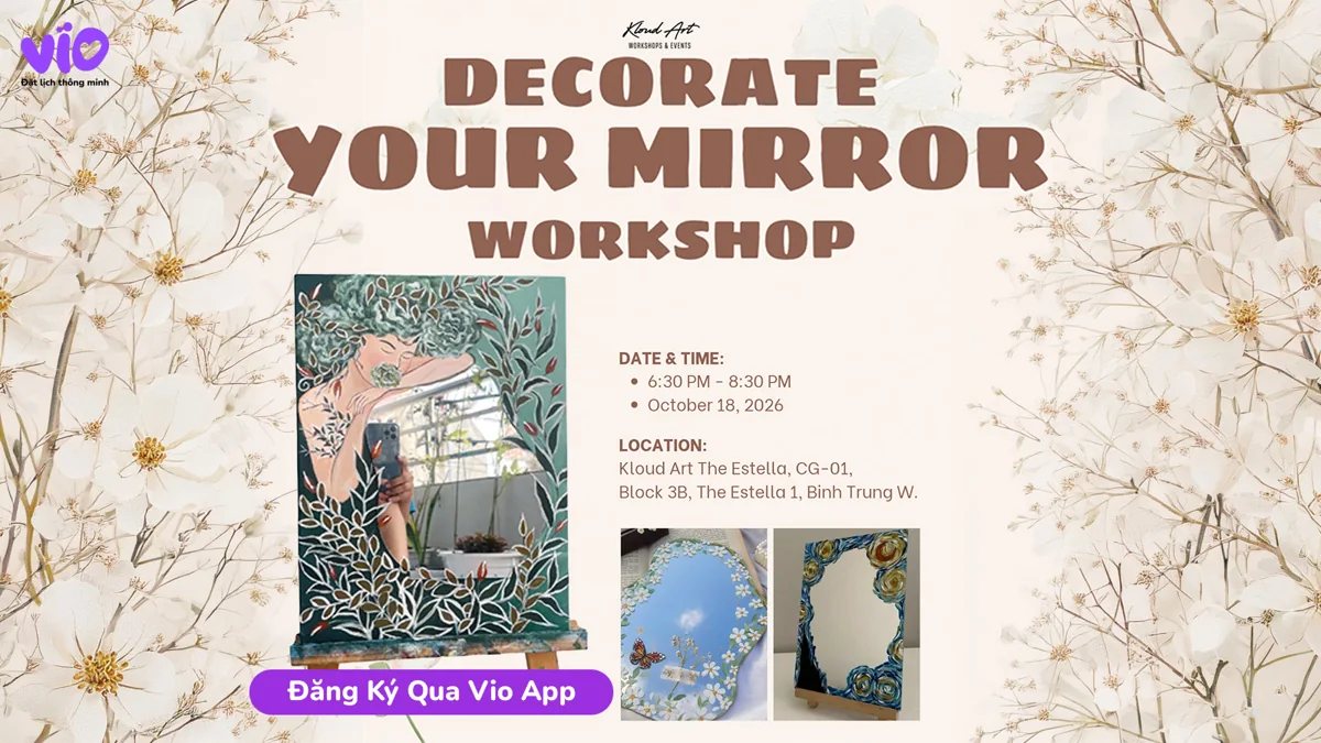 Kloud Art/Vio poster for the mirror decorating workshop on 18 October 2026 at The Estella branch.