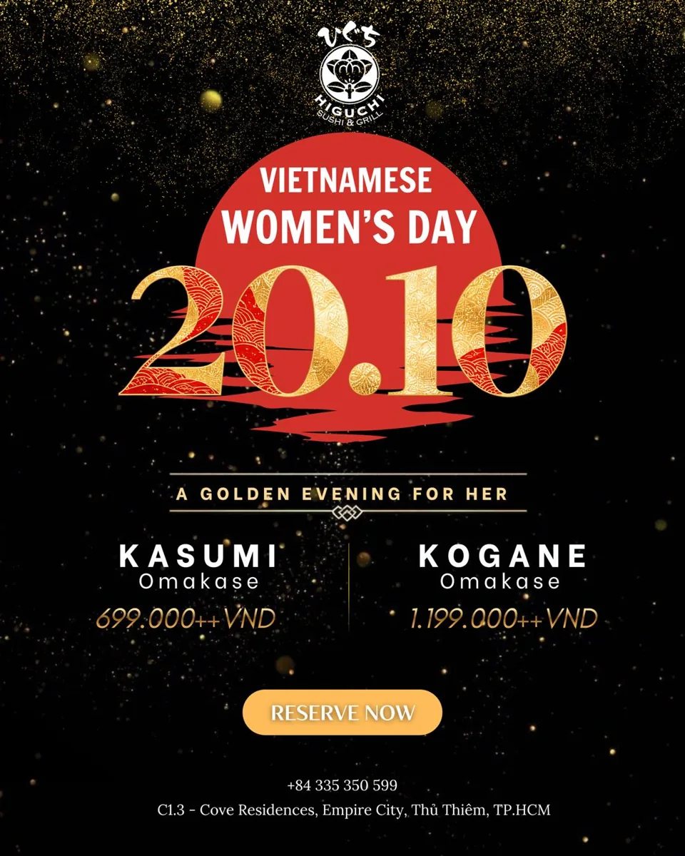 Higuchi Vietnamese Women’s Day omakase poster with Kasumi and Kogane prices