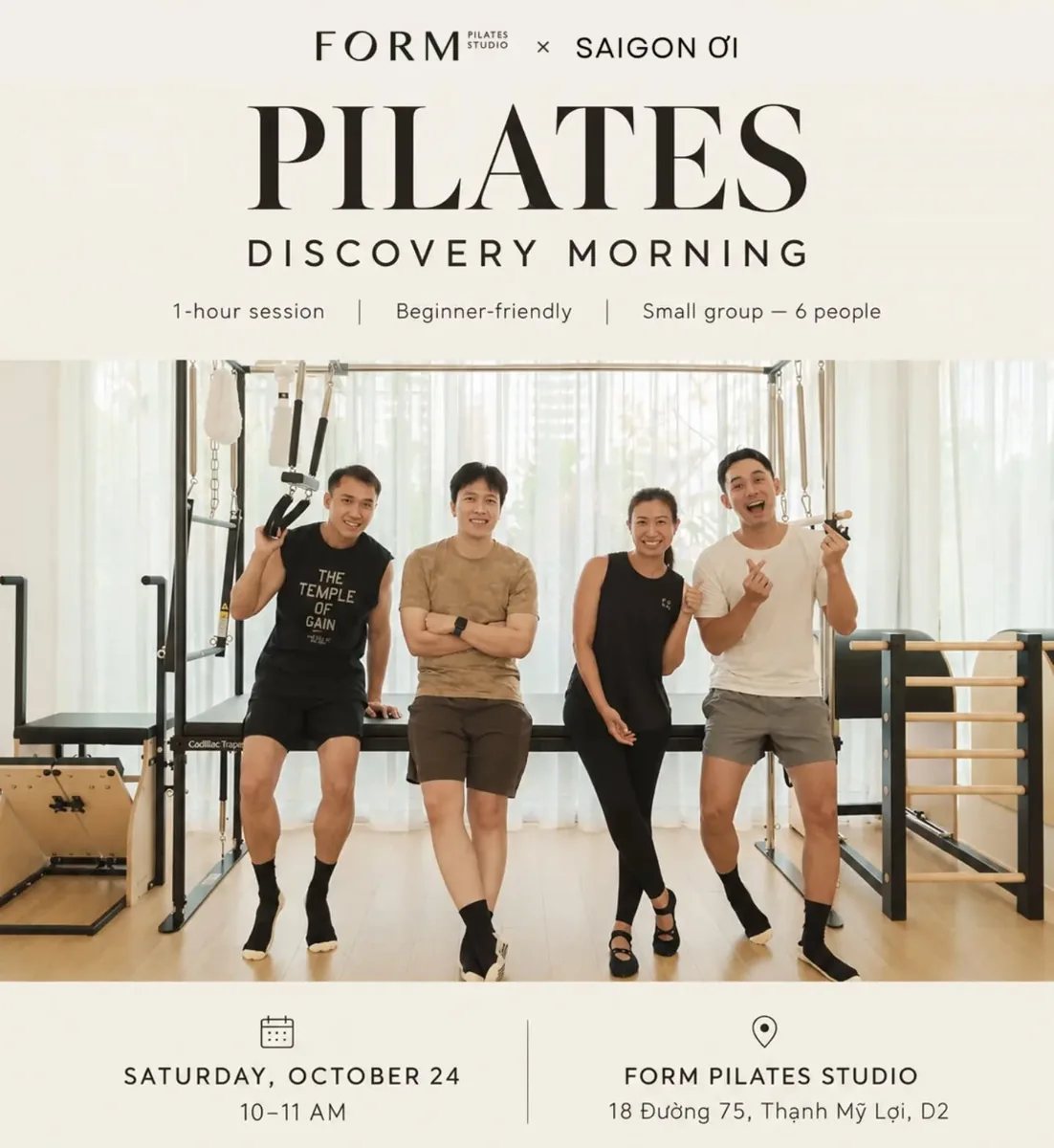 FORM Pilates and Saigon Ơi Pilates Discovery Morning poster for 24 October, 10–11 AM at FORM Pilates Studio; beginner-friendly one-hour session for six people.