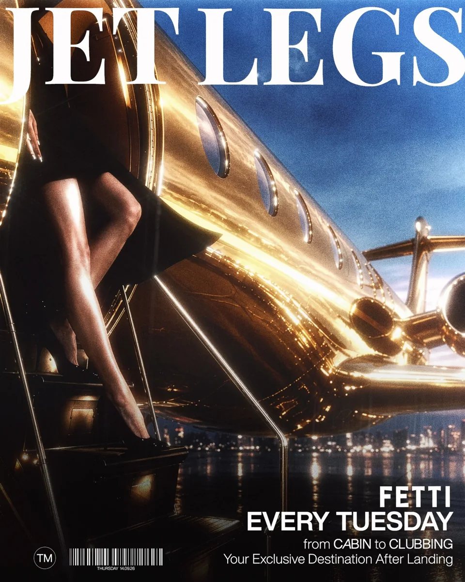 FETTI Jetlegs every Tuesday airline-themed poster