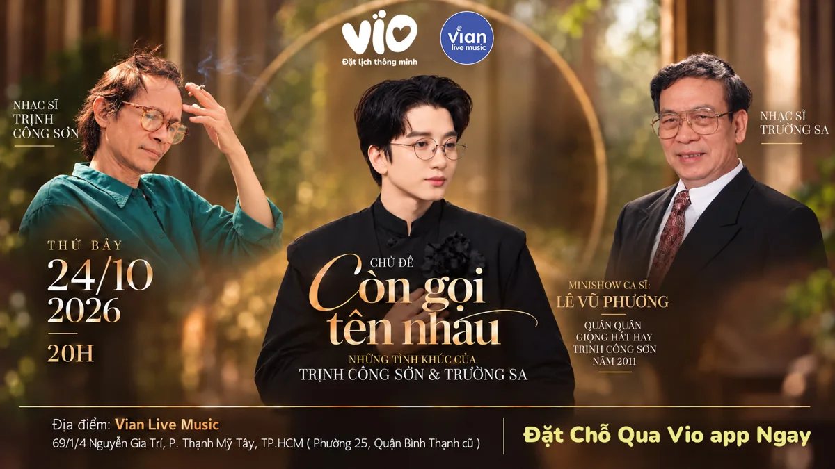 Vian Live Music poster for Còn Gọi Tên Nhau on 24 October 2026; pictured composers are part of the theme, not a claimed live lineup.