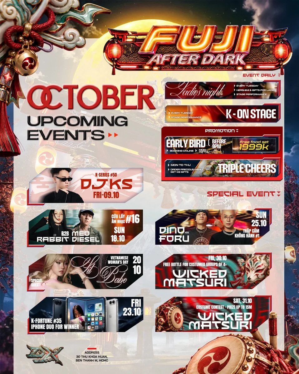 District K October Upcoming Events poster (Fuji After Dark) listing Wicked Matsuri costume contest