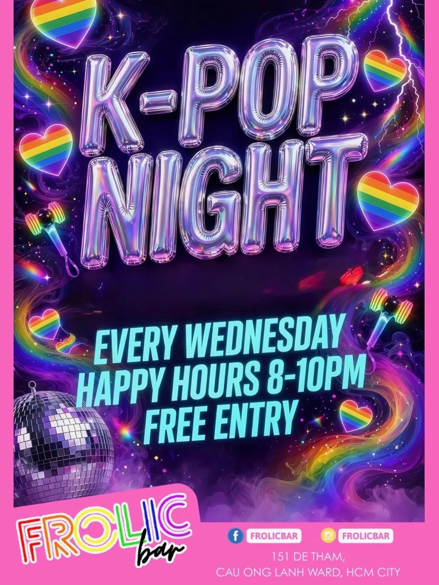 Frolic Bar weekly poster: K-Pop Night at Frolic, free entry, happy hours 8-10PM, 151 De Tham.