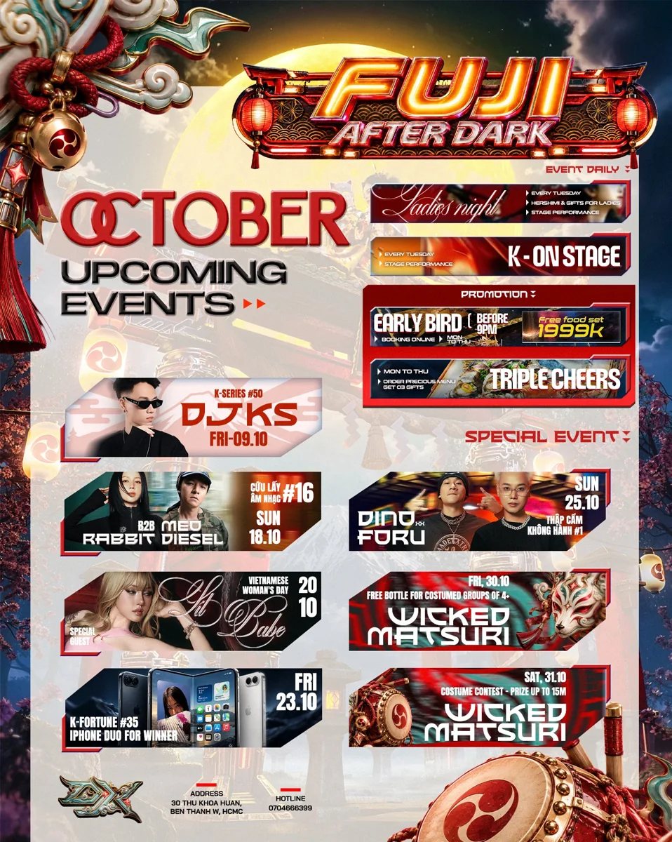 District K October programme poster listing the dated K-Series, Cứu Lấy Âm Nhạc, Vietnamese Women’s Day, Thập Cẩm Không Hành and Wicked Matsuri nights.