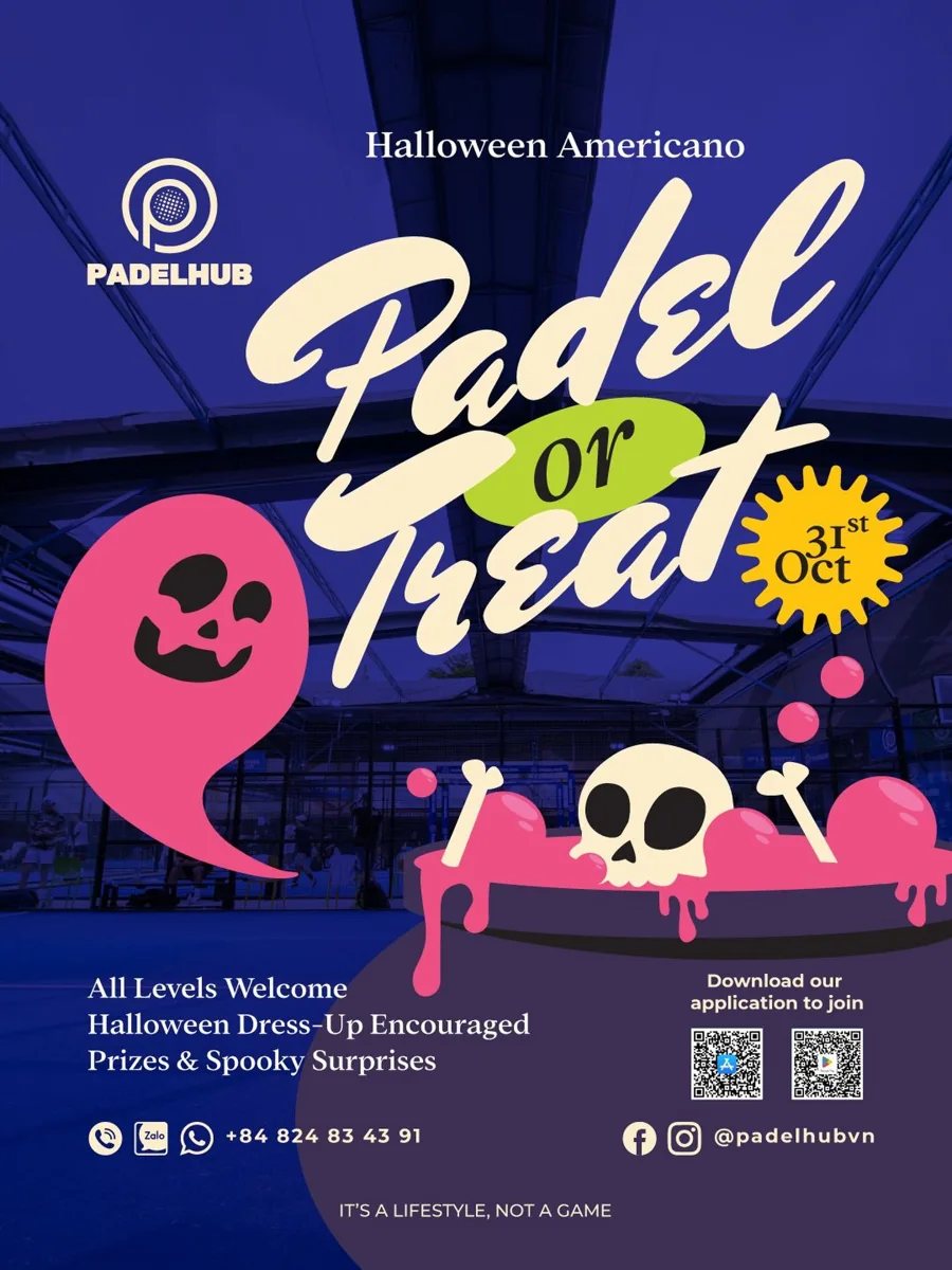 PadelHub Halloween Americano poster for 31 October, with costumes and prizes advertised.