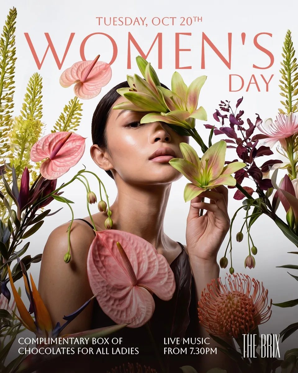 Women’s Day poster for Tuesday 20 October at The Brix, with complimentary chocolates and live music from 7:30pm.