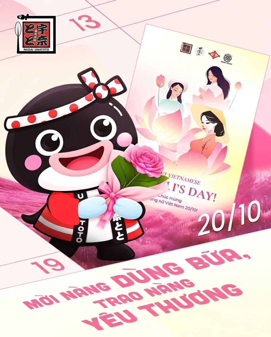 Unatoto mascot holding a pink flower beside a Vietnamese Women's Day 20/10 card; Vietnamese text inviting women to dine, 16-20 Oct