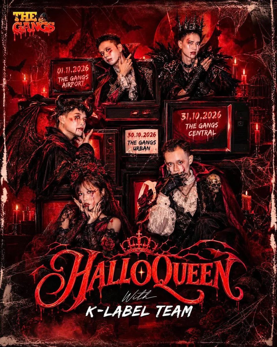 Hallo-Queen K-Label team poster naming 30 October Urban, 31 October Central, and 1 November Airport.