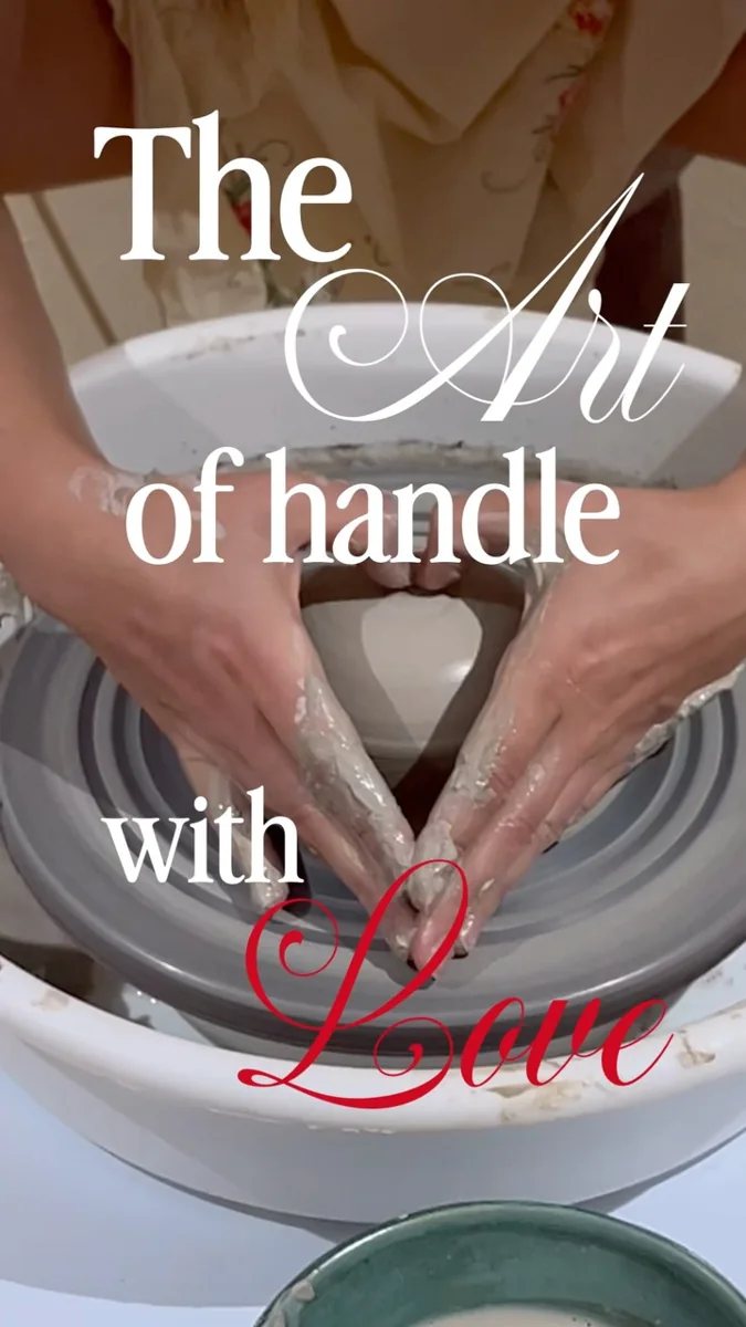 Hands shaping clay on a pottery wheel, from the studio’s Saturday workshop announcement reel.