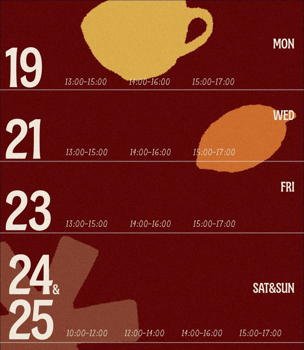 XOCOATI weekly cocoa workshop schedule for 19–25 October: Mon 19 and Wed 21 and Fri 23 with weekday slots; Sat&Sun 24&25 with slots 10:00–12:00 12:00–14:00 14:00–16:00 15:00‗17:00