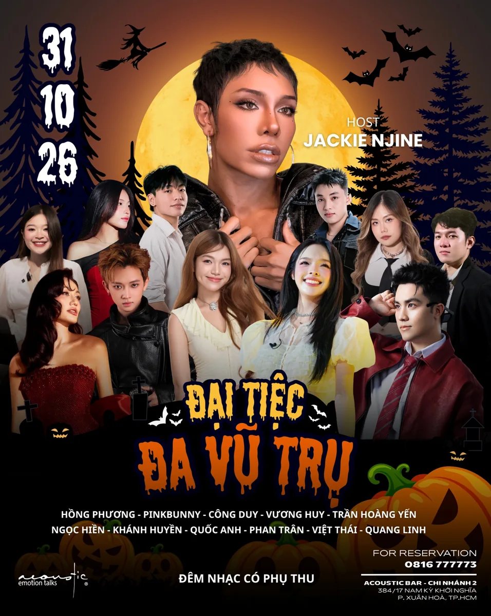 Halloween 31 October 2026 poster for Đại Tiệc Đa Vũ Trụ at Acoustic Bar with performer lineup and music surcharge notice.