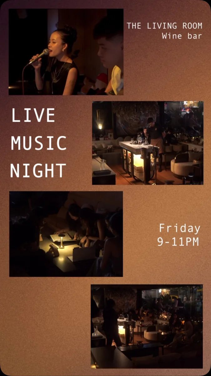 Live Music Night poster and photos showing singer performing at The Living Room Wine Bar, Friday 9-11PM