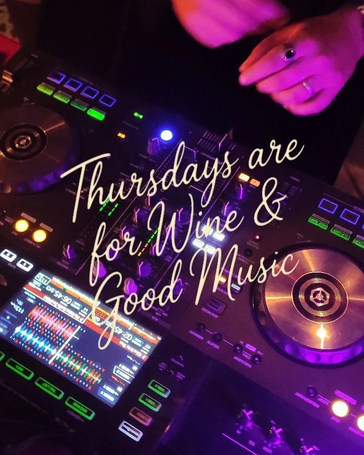 DJ equipment (Pioneer turntables) with overlay text 'Thursdays are for Wine & Good Music' at The Refinery