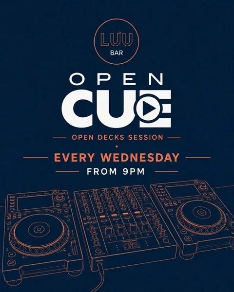 Open CUE poster with Wednesday from 9 pm schedule