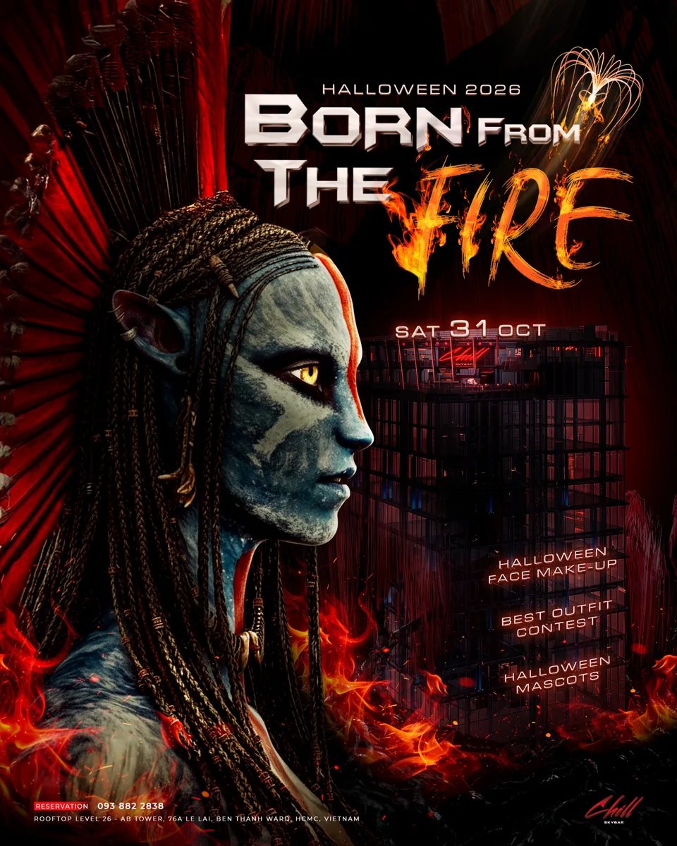 BORN FROM THE FIRE Halloween 2026 poster for Chill Skybar on 31 October, with face makeup, outfit contest and mascots.