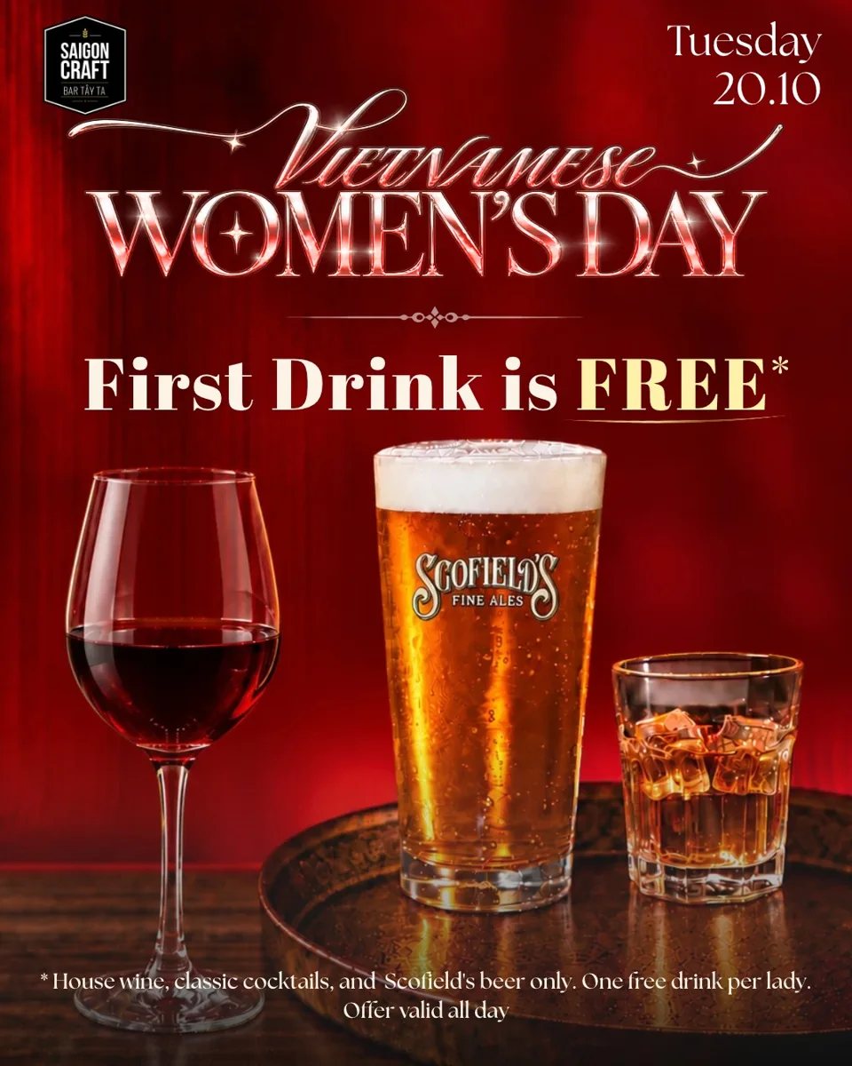 Saigon Craft poster: Vietnamese Women's Day, Tuesday 20.10, first drink free for ladies