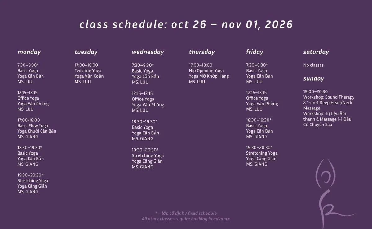 Lưu Thị November 2026 class schedule including the 1 November sound therapy workshop