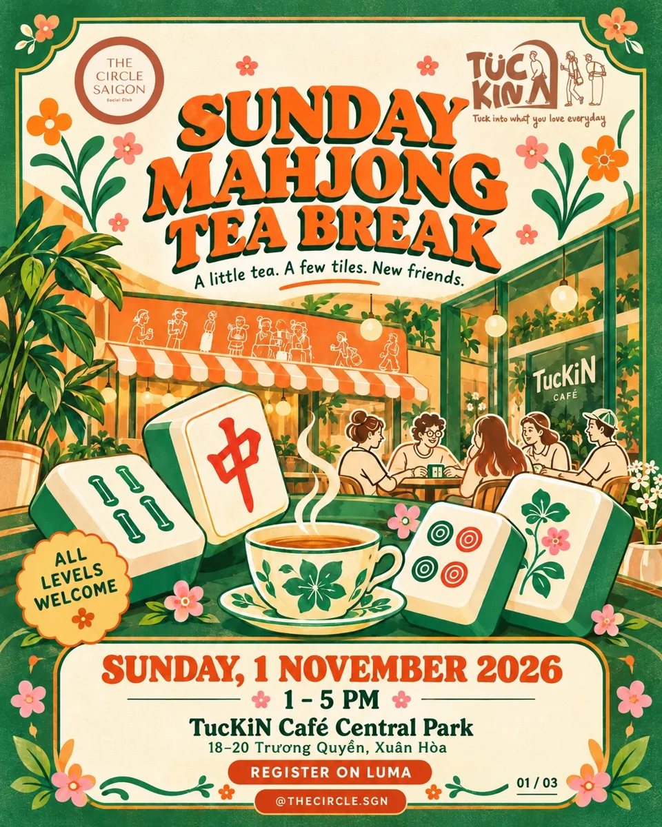Sunday Mahjong Tea Break poster with 1 November 2026, 1–5 PM and TucKiN Café address.