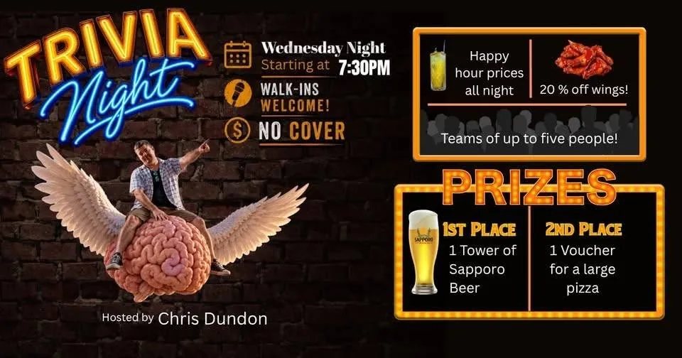 Undated Wednesday Trivia Night flyer for Brick & Barrel, with the 7:30 PM start and prizes.