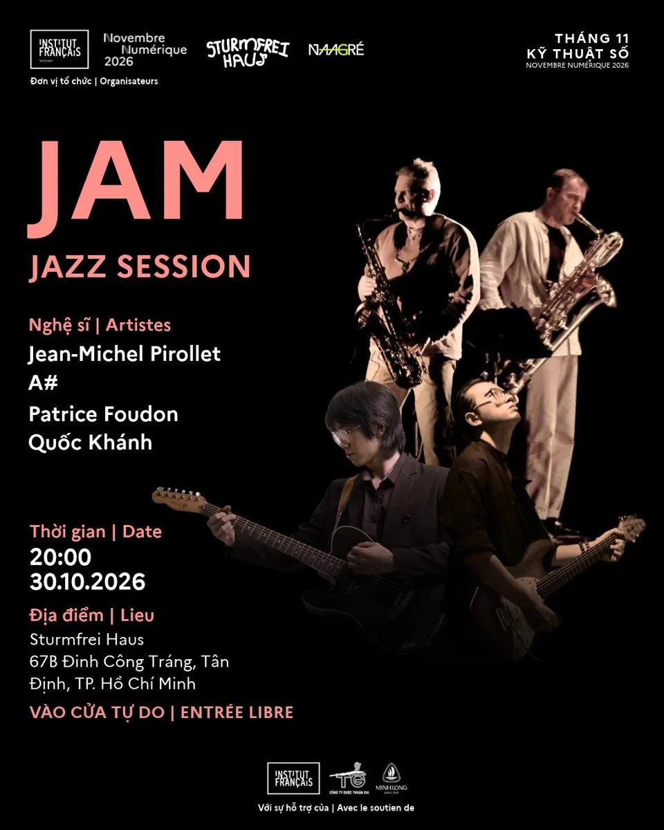 Jam Jazz Session poster showing four named artists, 30 October 2026 at 20:00 and Sturmfrei Haus