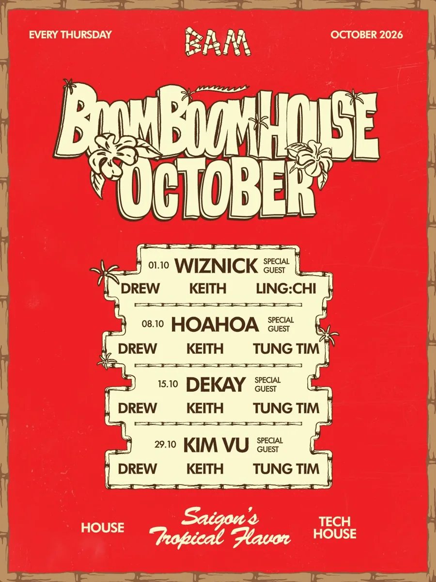 Original October2026 organizer calendar listing Boom Boom House: Kim Vu, Drew, Keith & Tung Tim on 2026-10-29