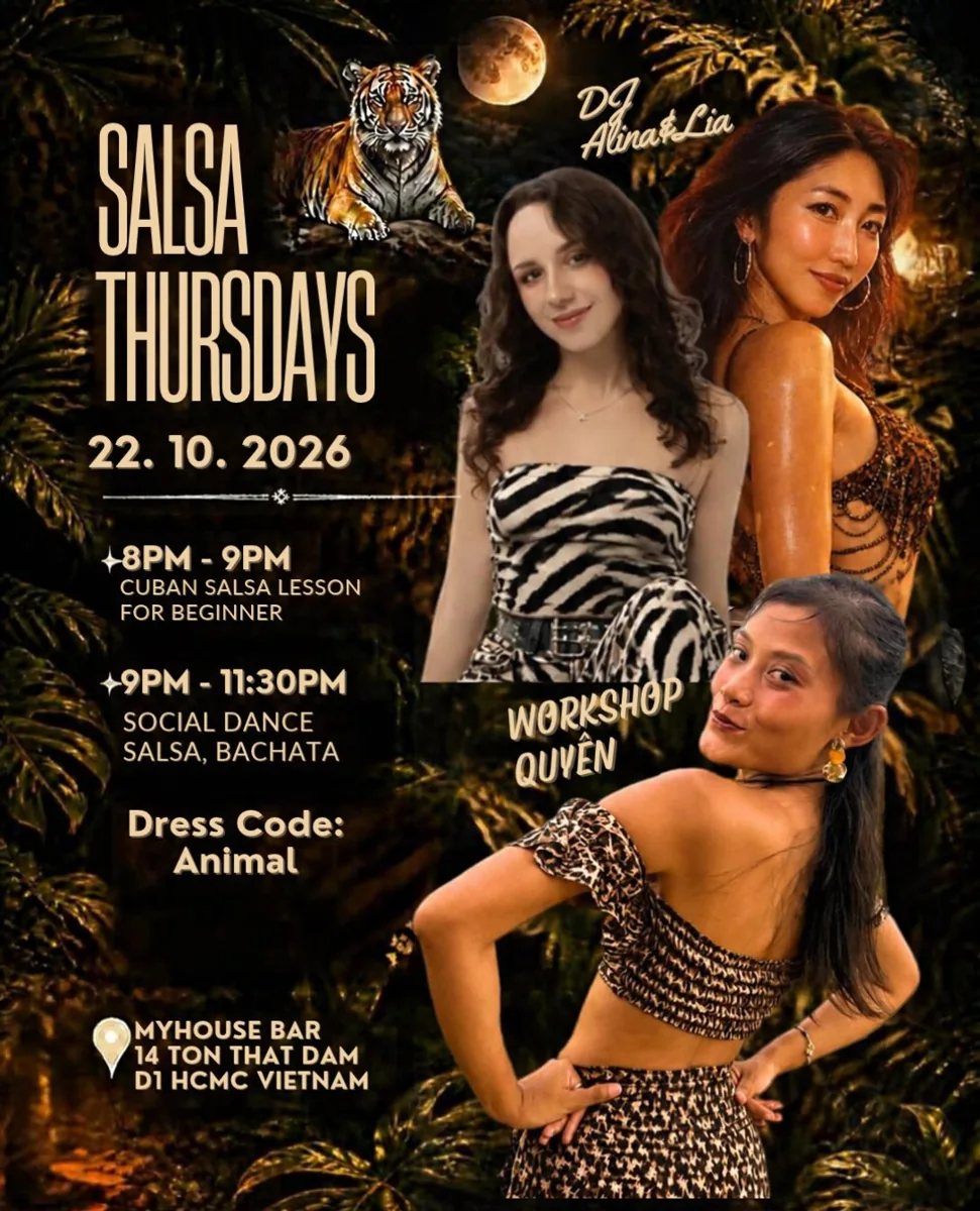 Jungle-themed event poster for Salsa Thursdays Animal Night on 22.10.2026 at MyHouse Bar 14 Ton That Dam D1, featuring DJs Alina and Lia and instructor Quyen with tiger imagery and Animal dress code