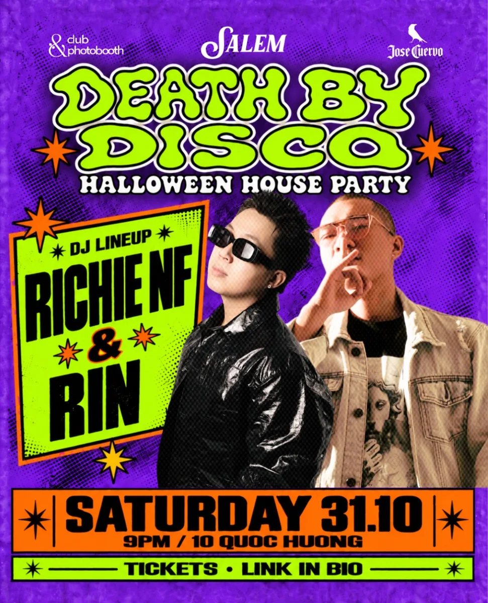 Death by Disco Halloween House Party poster with Richie NF and Rin, Saturday 31 October at 9 PM.