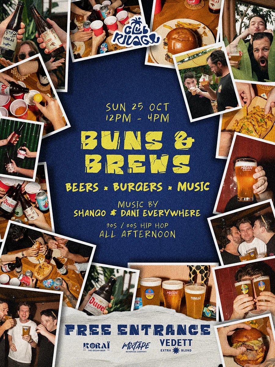 Buns & Brews poster, Sunday 25 October, 12–4 PM, with beer pong tournament, music and free entrance