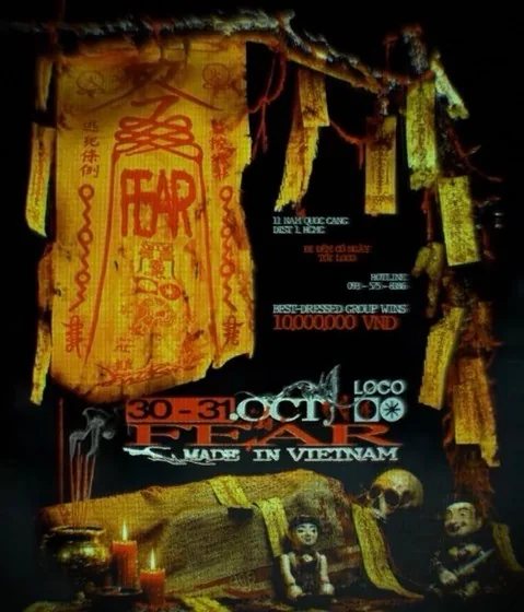 FEAR Made in Vietnam Halloween poster at LOCO, 30-31 October: two-night event at 11 Nam Quoc Cang D1 HCMC. Night 1 (Oct 30): Halloween activities and spooky surprises. Night 2 (Oct 31): best-dressed group wins 10,000,000 VND.