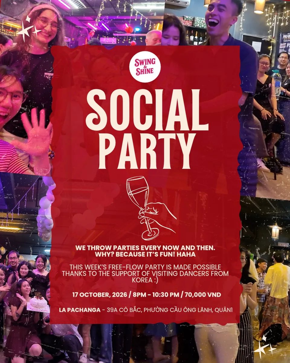 Swing & Shine social party on 17 October 2026, 20:00–22:30 at La Pachanga; entry 70,000 VND and flyer advertises unspecified free flow.