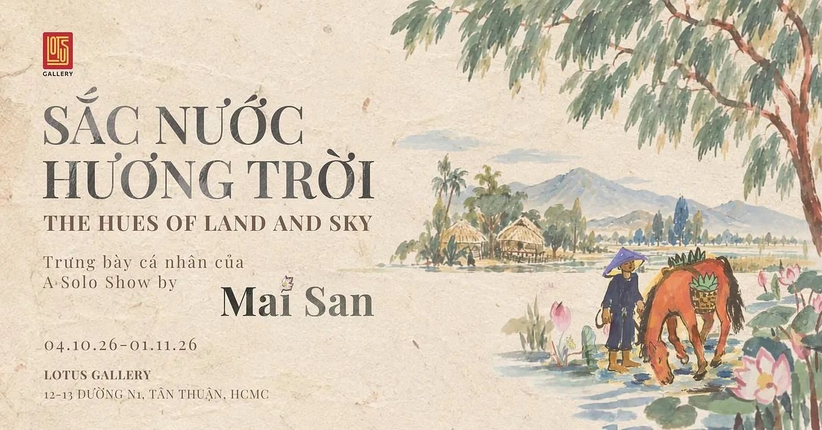 The Hues of Land and Sky exhibition artwork featuring a Mai San landscape and the show title