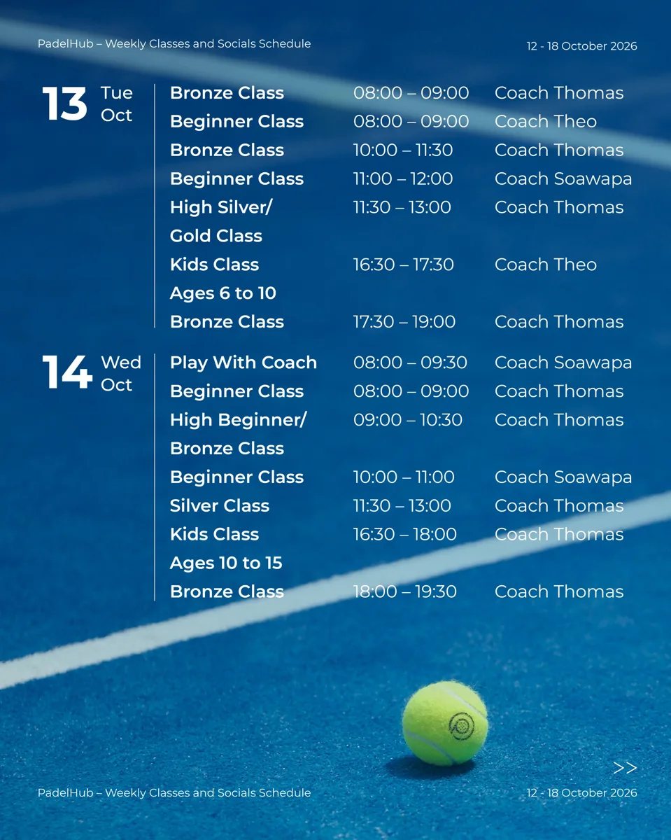PadelHub classes schedule for Wednesday 14 October 2026