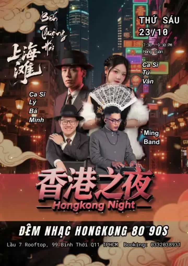 Hong Kong Night Mandopop Cantopop live music poster for 23 October at Ming Rooftop D11, showing performers Tú Vân, Lý Bá Minh and Ming Band, 7:30-9:30 PM