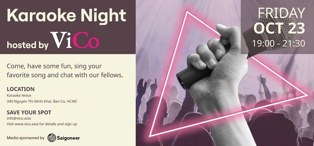 ViCo Karaoke Night poster: Friday Oct 23, 19:00-21:30 at Karaoke Nnice, 340 Nguyen Thi Minh Khai, Ban Co, HCMC