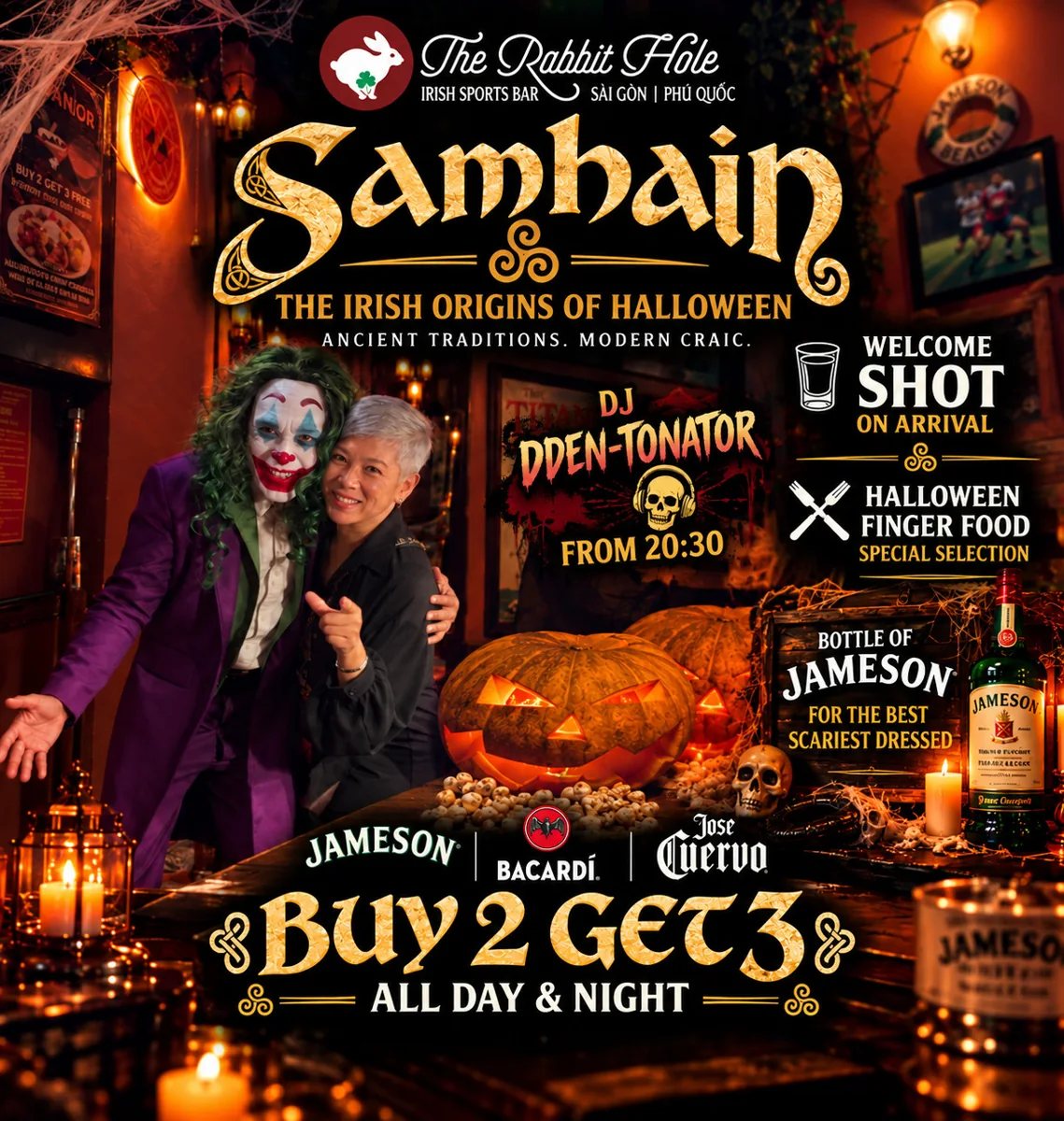 Samhain Halloween party poster with DJ and arrival shot at The Rabbit Hole Thao Dien.