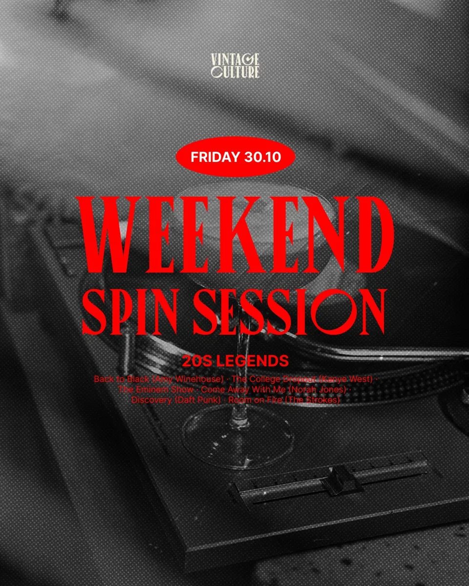 Weekend Spin Session 20s Legends poster for Friday 30 October at Vintage Culture, naming the six featured albums.