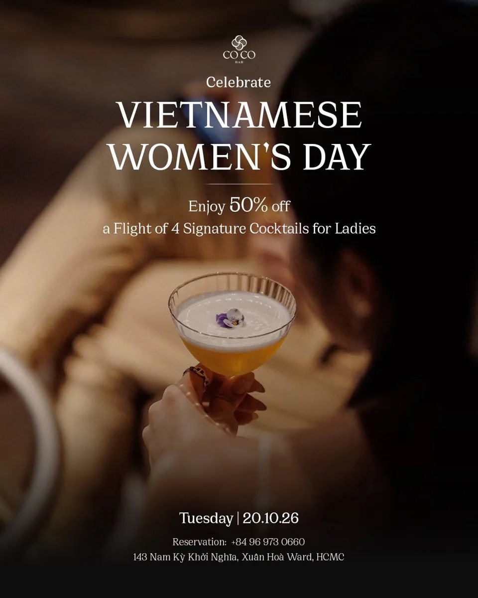 CoCo Bar Vietnamese Women’s Day offer on 20 October 2026: 50% off a flight of four signature cocktails for ladies.