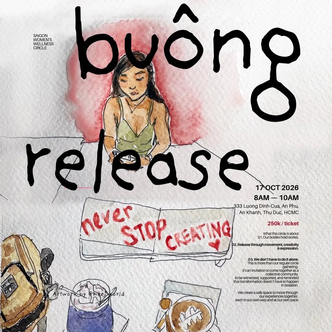 Buông Release wellness circle poster with 17 October 2026 date, 8–10 AM time, address and 250,000 VND ticket price