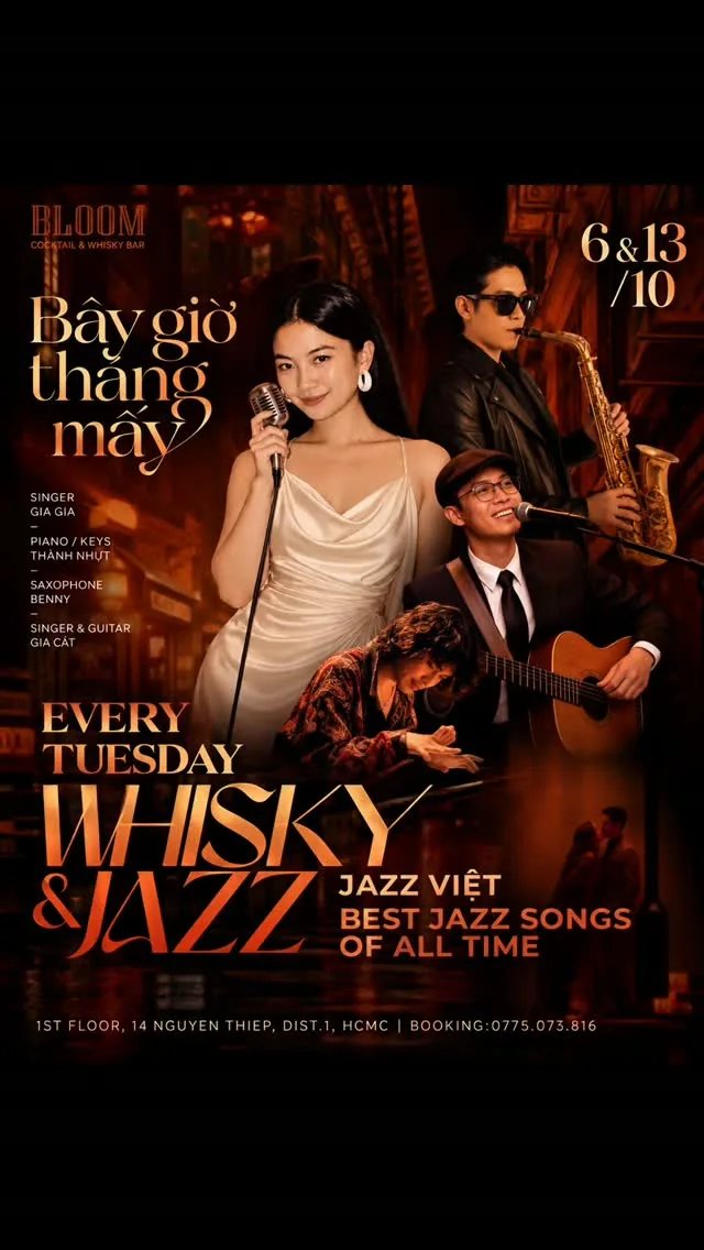 Organizer promotional poster including Jazz & Whisky Collection at Bloom — 13 October.