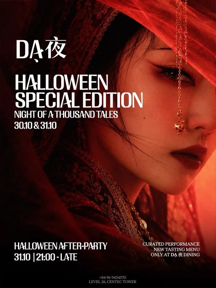 Halloween Special Edition poster for Night of a Thousand Tales at DA夜 Dining, Oct 30 and 31, with dramatic red-lit portrait and event details