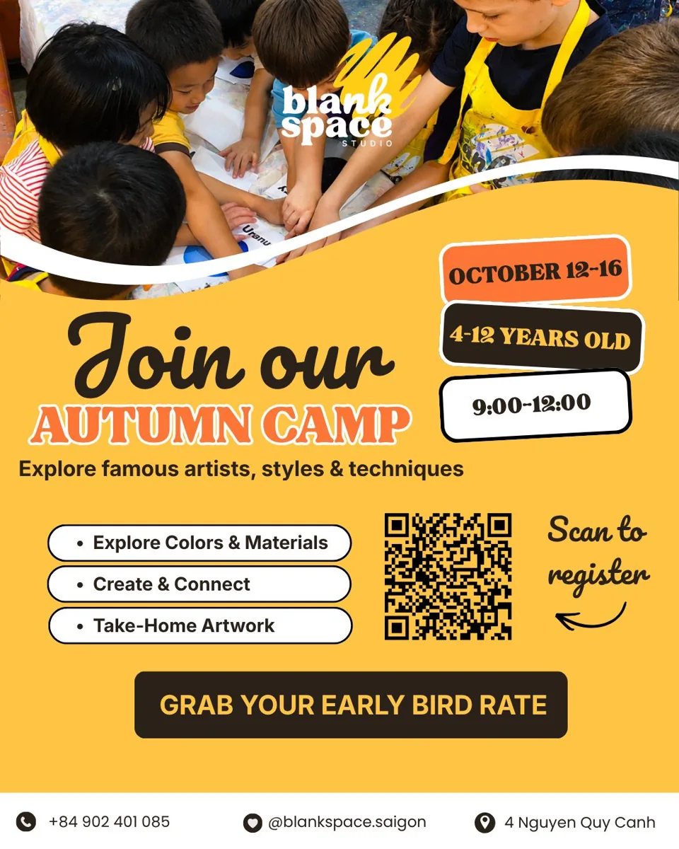 Blank Space Autumn Camp poster: October 12–16, ages 4–12, 9 AM–noon at 4 Nguyễn Quý Cảnh.