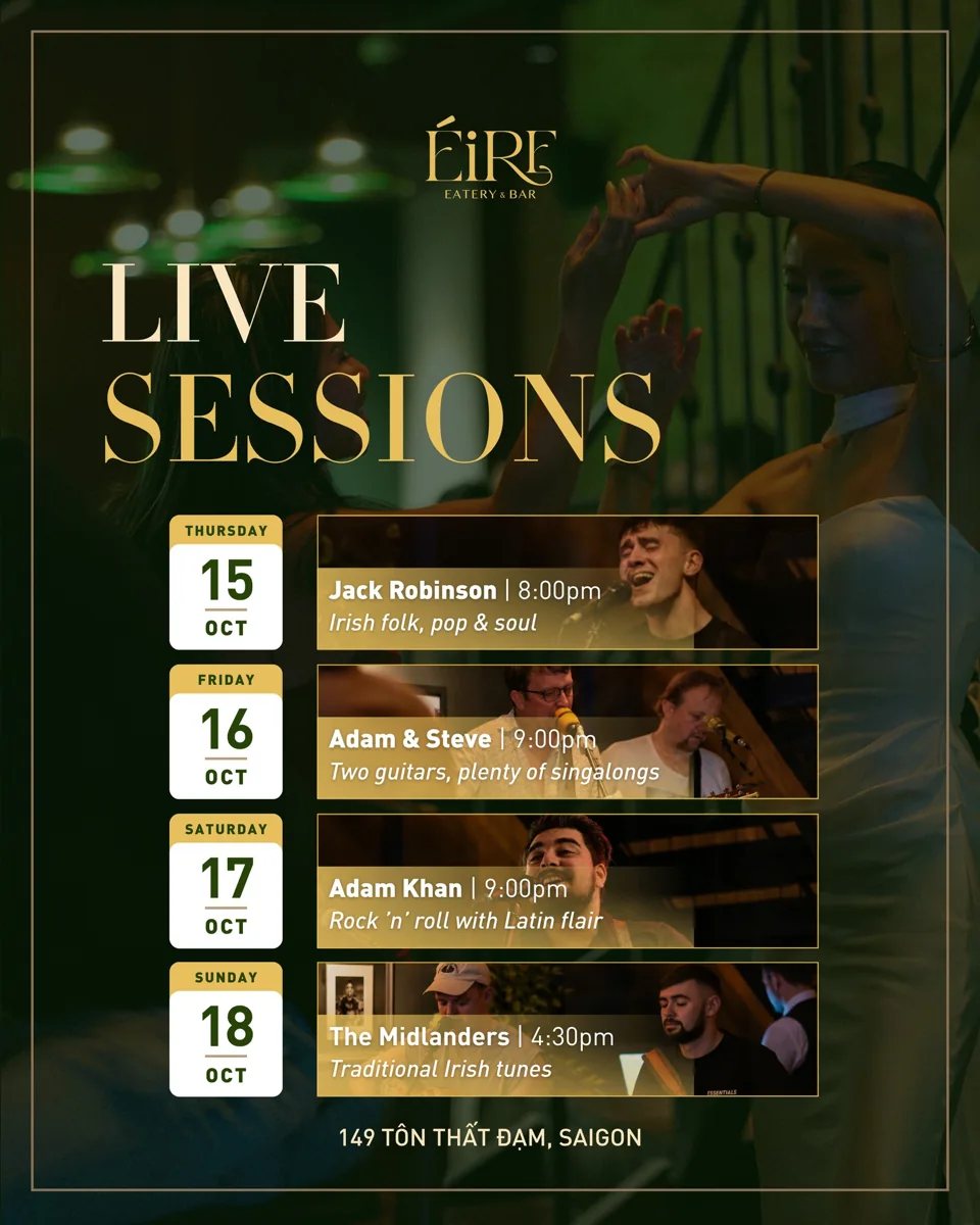Éire weekly live music poster: Jack Robinson 15 Oct, Adam & Steve 16 Oct, Adam Khan 17 Oct, The Midlanders 18 Oct 2026.