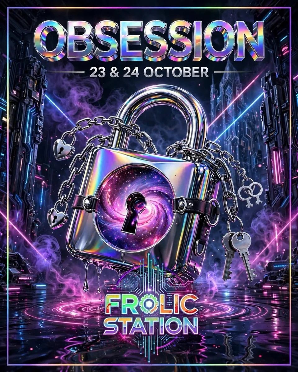 OBSESSION Weekender poster for Frolic Station: 23 & 24 October. Holographic padlock with chains and keys on neon-lit futuristic background. Go-go boys, drag queens and DJs performing over two nights. Door sale 150,000 VND; 100,000 VND after 1:30 AM.