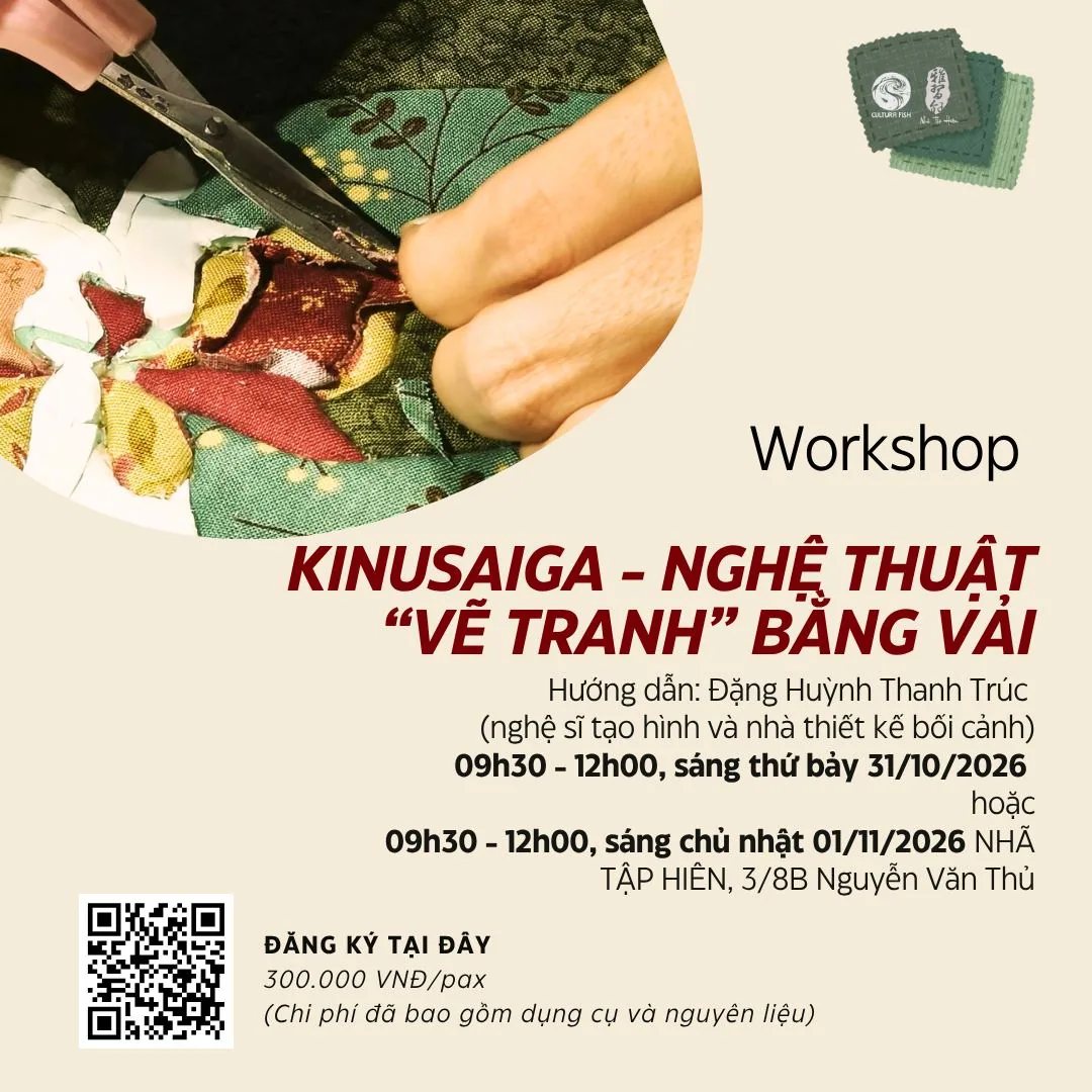 Original Kinusaiga poster for both 31 October and 1 November workshops, showing both dates, 09:30–12:00 sessions, Nhã Tập Hiên, and the 300,000 VND fee.