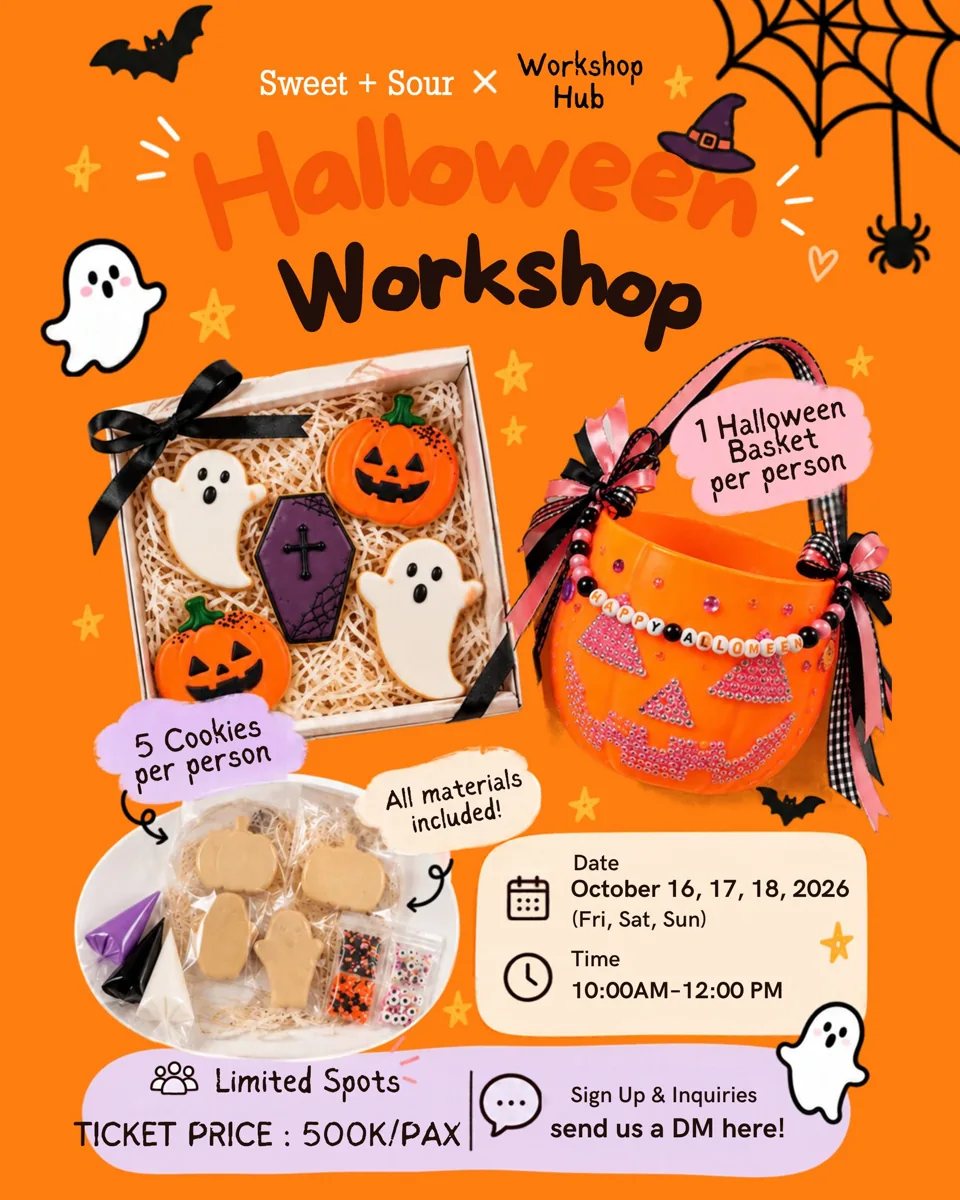 Sweet + Sour and Workshop Hub Halloween workshop poster for 16, 17 and 18 October 2026, 10 AM–12 PM, 500,000 VND per person.