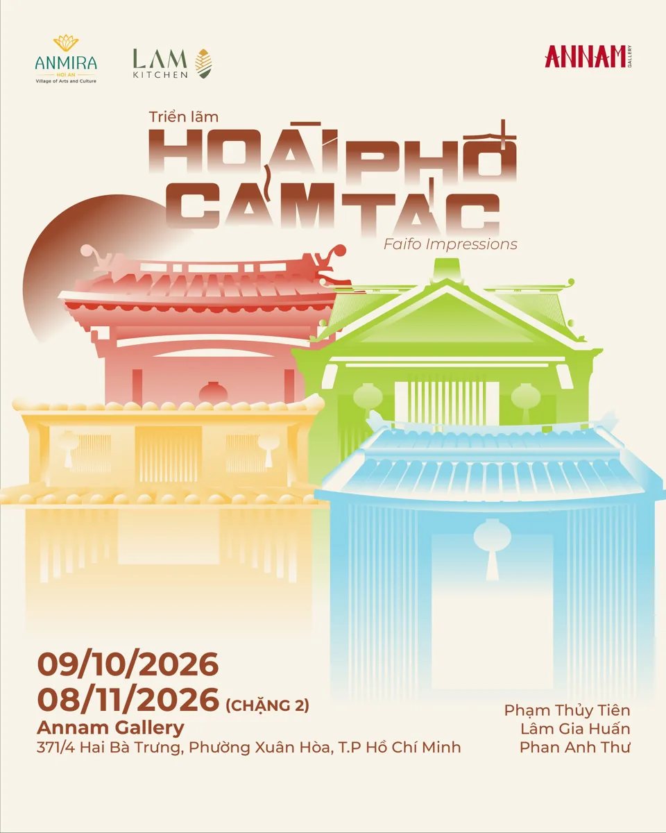 Hoài Phố Cảm Tác exhibition poster naming the three artists, Annam Gallery at 371/4 Hai Bà Trưng, and October 9–November 8, 2026.